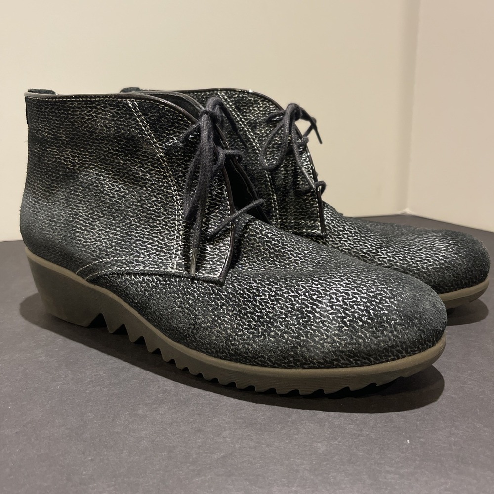Wolky Ladies‎ Ankle Boots Wedge-Heel Lace-Up Black Leather Sz 41 Comfort
